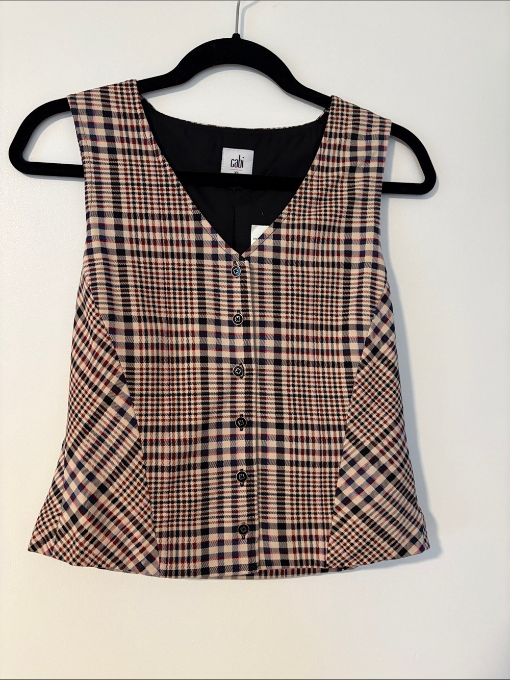 Cabi Pippa Plaid Button-Front Vest Beige/black/red